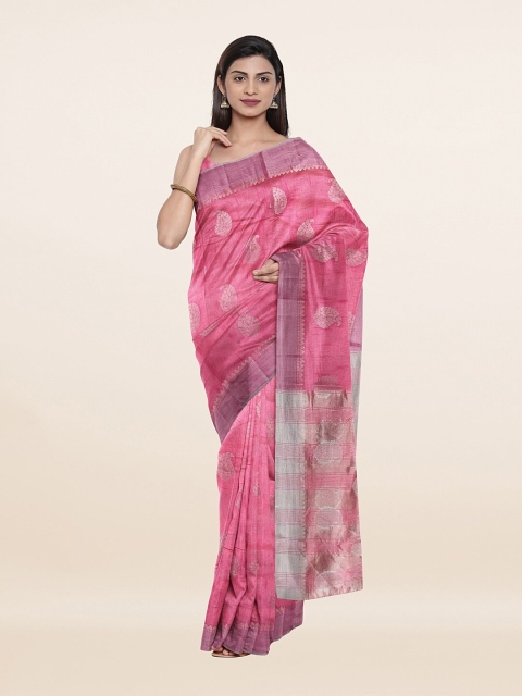 

Pothys Pink & Silver-Toned Woven Design Zari Jute Silk Saree
