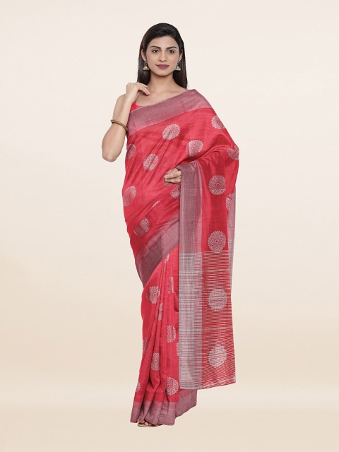 

Pothys Pink & Silver-Toned Woven Design Zari Jute Silk Saree