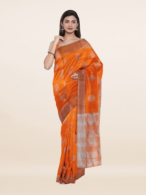 

Pothys Orange & Silver-Toned Paisley Jute Silk Saree