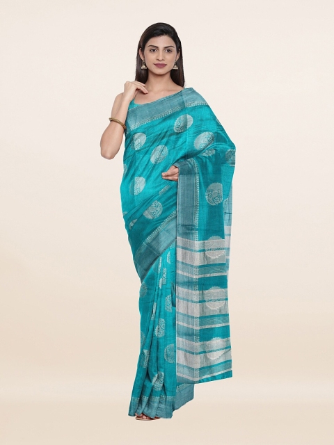

Pothys Blue & Silver-Toned Ethnic Motifs Zari Jute Silk Saree
