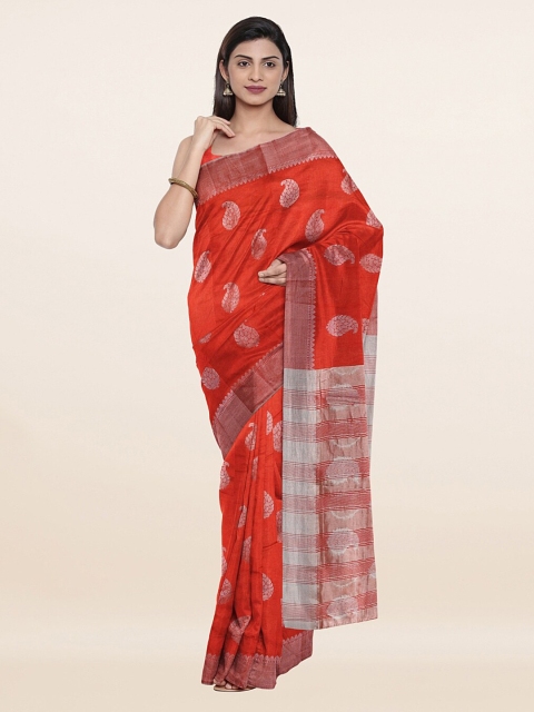 

Pothys Red & Silver-Toned Woven Design Zari Jute Silk Saree