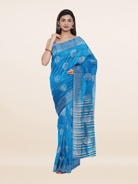 

Pothys Blue & Silver-Coloured Ethnic Motifs Jute Silk Saree