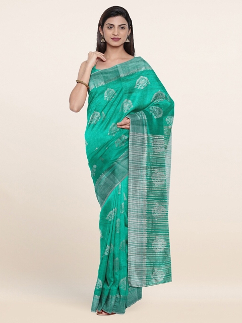 

Pothys Green & Silver Ethnic Motifs Zari Jute Silk Saree