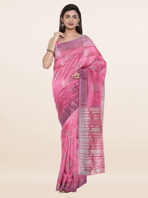 

Pothys Pink & Silver-Toned Woven Design Zari Jute Silk Saree