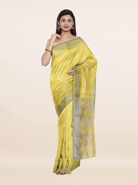 

Pothys Yellow & Silver-Toned Ethnic Motifs Zari Jute Silk Saree