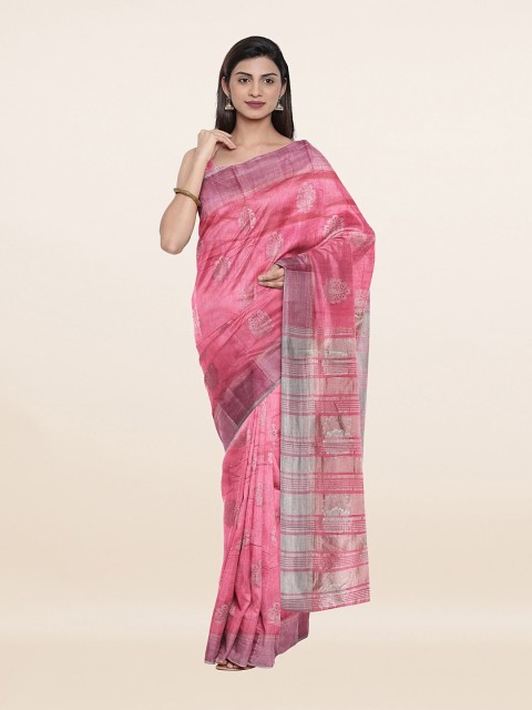 

Pothys Pink & Silver-Toned Ethnic Motifs Zari Jute Silk Saree