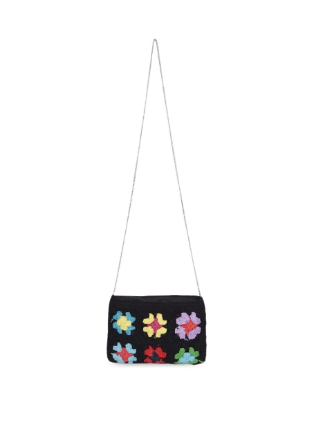 

ASTRID Black Floral Structured Sling Bag with Applique