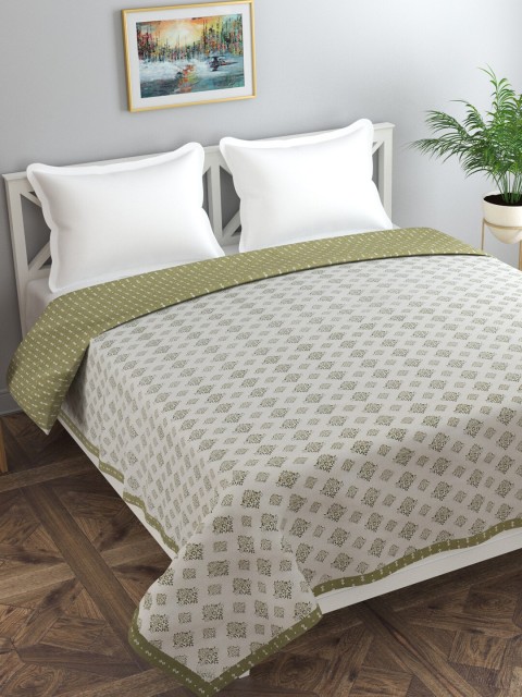 

Florida Green & White Ethnic Motifs AC Room 120 GSM Double Bed Dohar