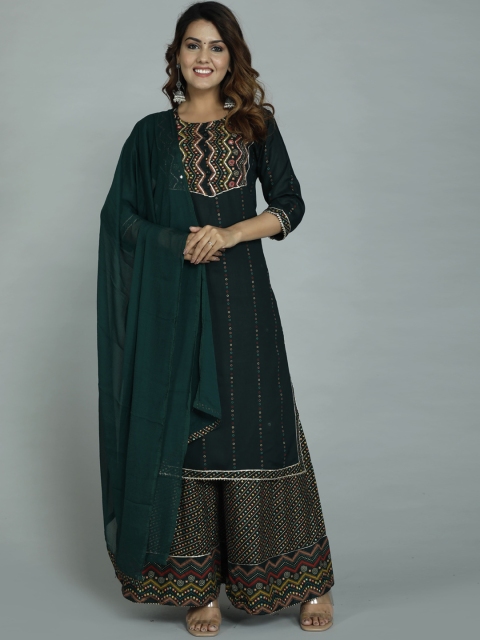 

gvs shoppe Women Green Ethnic Motifs Yoke Design Panelled Kurta with Palazzos & With Dupatta