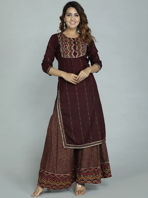 

gvs shoppe Women Maroon Ethnic Motifs Yoke Design Kurta with Sharara & With Dupatta
