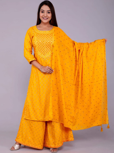 

gvs shoppe Women Mustard Yellow Panelled Kurti with Sharara & With Dupatta