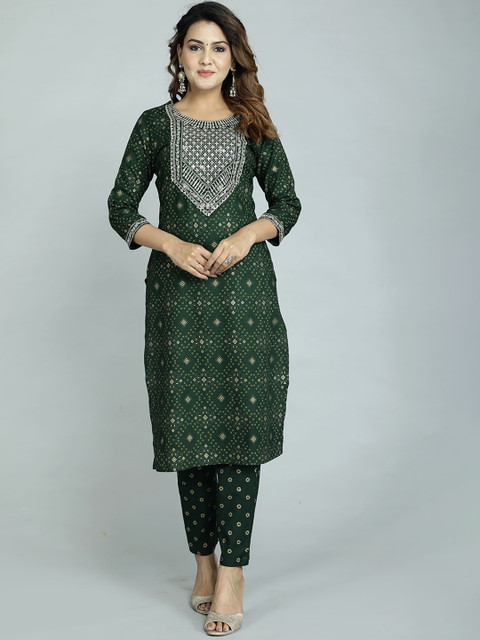 

gvs shoppe Women Green Bandhani Printed Kurta with Trousers & With Dupatta
