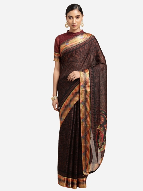 

Satrani Brown & Gold-Toned Floral Zari Silk Cotton Taant Saree