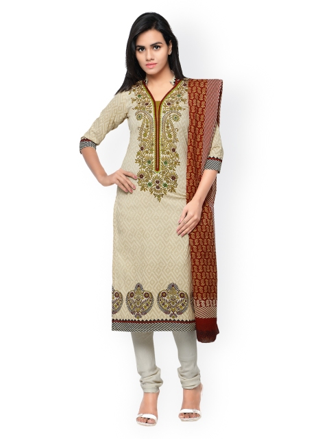 

Shah-Fabrics Beige & Maroon Floral Print Cotton Semi-Stitched Dress Material