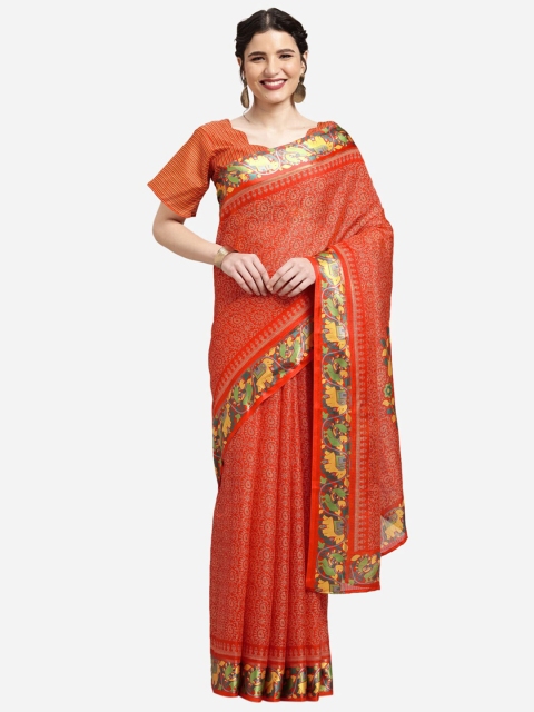 

Satrani Orange & Green Paisley Silk Cotton Taant Saree
