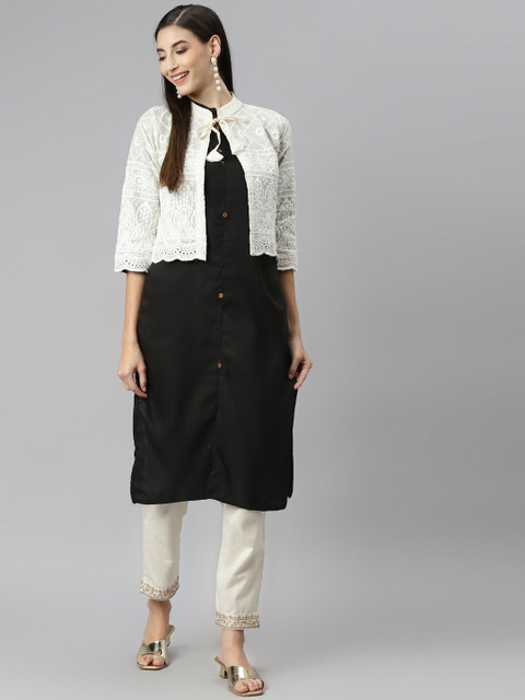 

Aarika Women Black & Off-White Pure Cotton Solid Kurta & Trousers with Jacket
