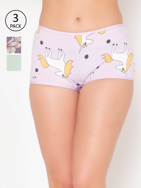 

Clovia Women Pack of 3 Printed Cotton Boyshorts Briefs COMPN1430S, Purple