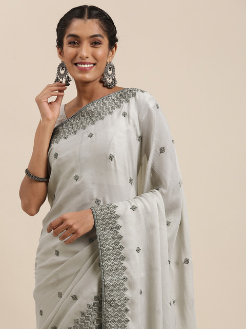 

Shaily White & Grey Ethnic Motifs Embroidered Pure Chiffon Saree