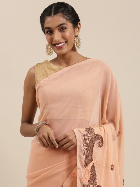 

Shaily Peach-Coloured Ethnic Motifs Embroidered Pure Georgette Saree