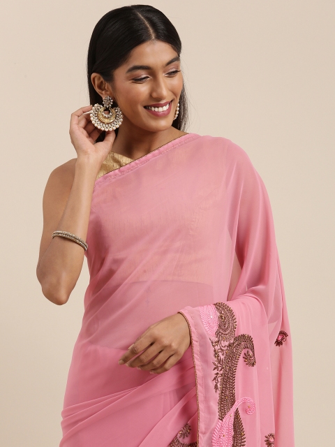 

Shaily Pink Ethnic Motifs Embroidered Pure Georgette Saree