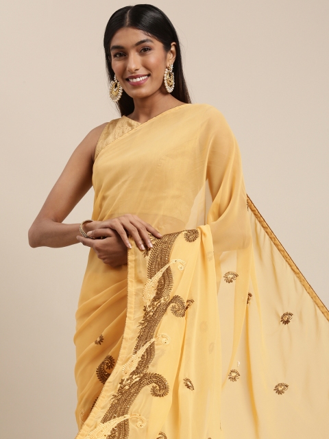 

Shaily Mustard Yellow Ethnic Motifs Embroidered Pure Georgette Saree