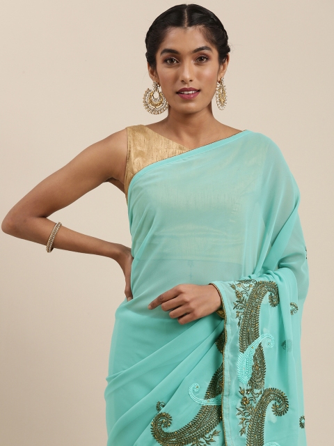 

Shaily Blue & Brown Ethnic Motifs Embroidered Pure Georgette Saree