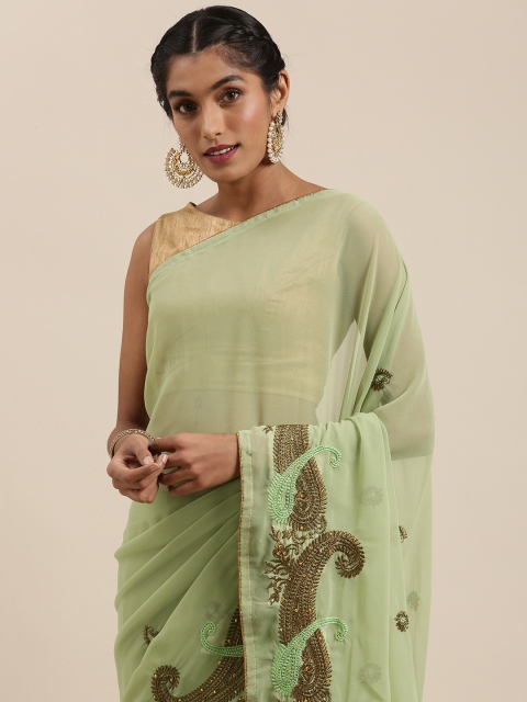 

Shaily Green Ethnic Motifs Embroidered Pure Georgette Saree