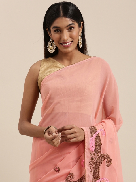 

Shaily Peach-Coloured & Brown Ethnic Motifs Embroidered Pure Georgette Saree