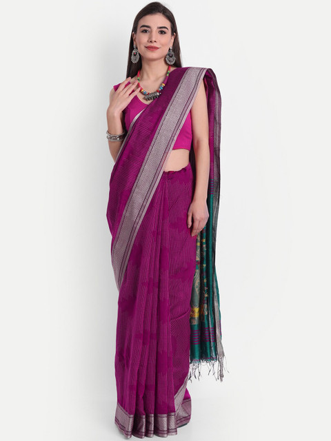 

Fibre World Maroon & Green Woven Design Silk Cotton Saree
