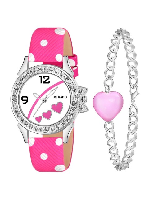 

Mikado Women Multicoloured Brass Printed Dial & Pink Leather Straps Analogue Watch Perfect Heart