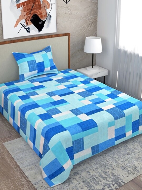 

Salona Bichona Blue & Teal Geometric 104 TC Single Bedsheet with 1 Pillow Cover