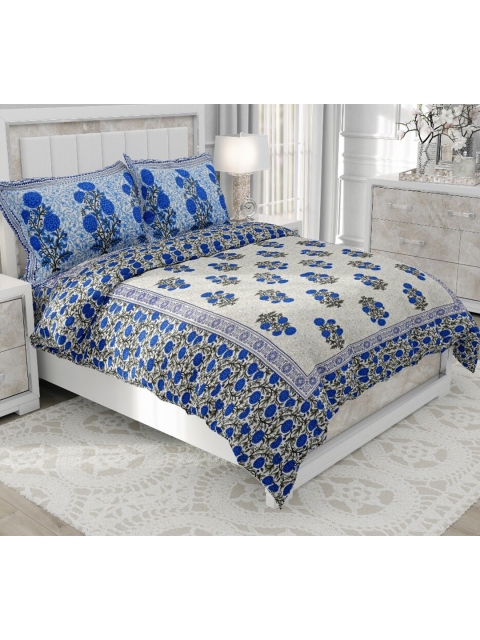 

Salona Bichona Blue & Black Floral 120 TC Queen Bedsheet with 2 Pillow Covers
