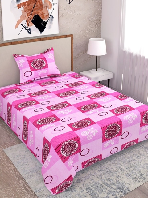 

Salona Bichona Pink Geometric 104 TC Cotton Single Bedsheet with 1 Pillow Covers