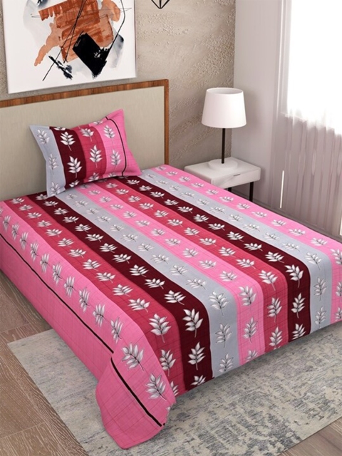 Salona Bichona Pink & Grey 104 TC Single Cotton Bedsheet with 1 Pillow Covers