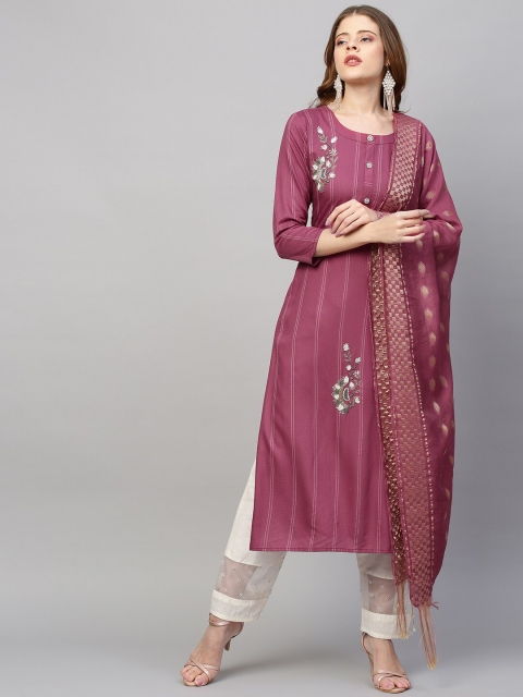 

FASHOR Women Pink Floral Embroidered Thread Work Floral Kurta With Dupatta