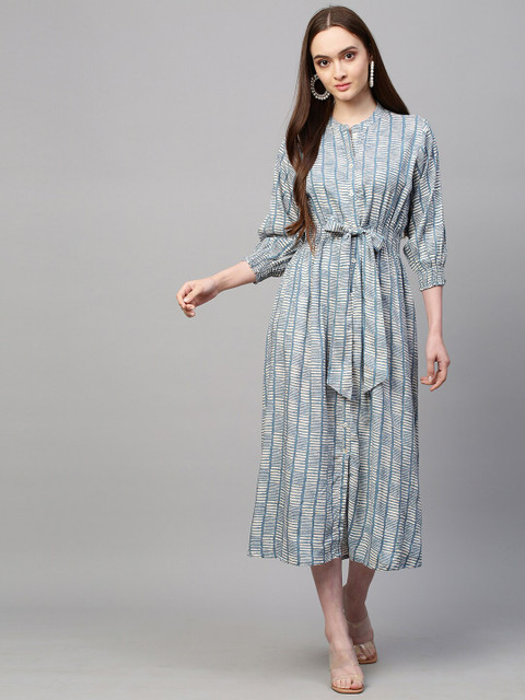 

FASHOR Blue Striped A-Line Midi Dress With Smocking