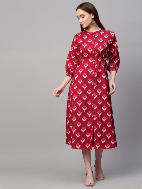 

FASHOR Women Magenta Ikat Printed A-Line Midi Cotton Dress