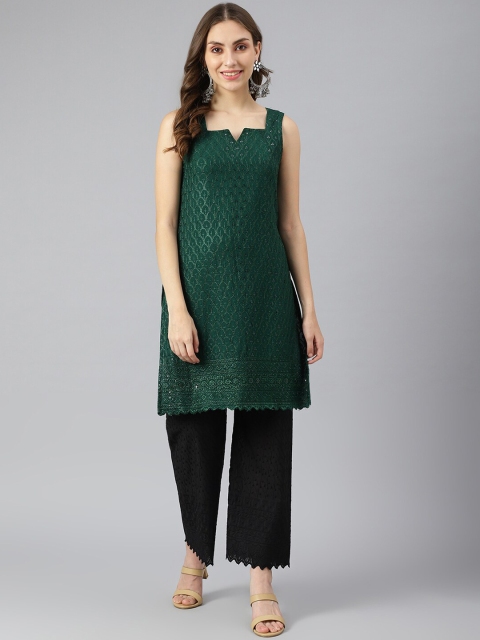 

Lagashi Women Green Ethnic Motifs Chikankari Straight Kurta