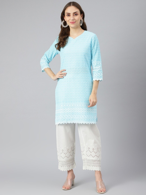 

Lagashi Women Blue & White Embroidered Chikankari Kurta