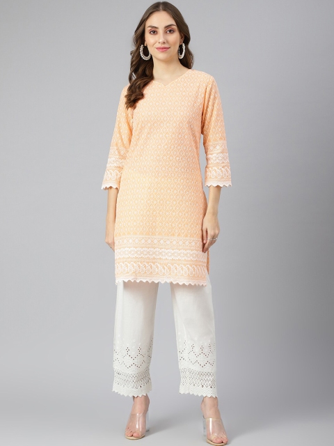 

Lagashi Women Peach-Coloured Embroidered Kurta