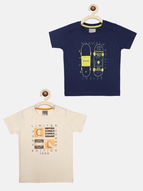 AXM CHAMP Boys Cream-Coloured 2 Printed Applique T-shirt