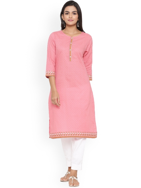 

mirari Women Peach-Coloured Mirror Work Floral Handloom Kurta