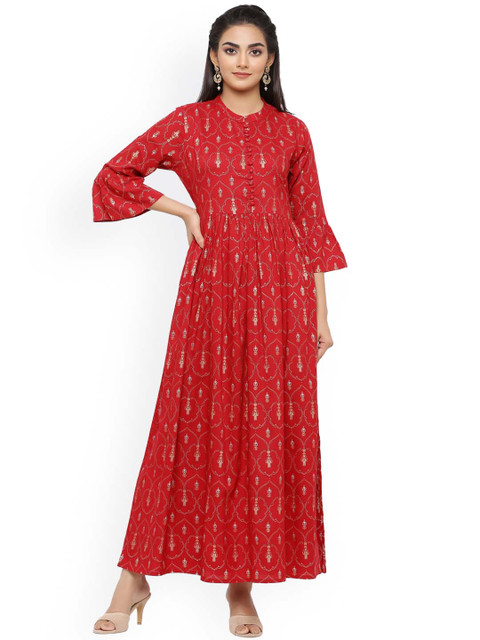 

mirari Women Red Embellished Flared Sleeves Floral Handloom Anarkali Kurta