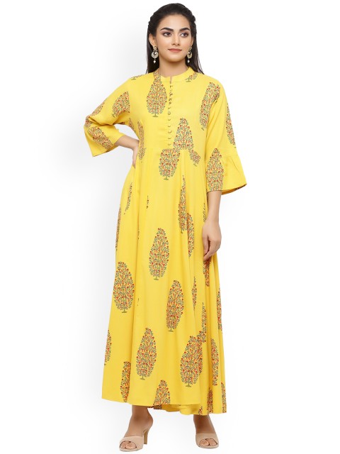 

mirari Women Yellow Ethnic Motifs Embroidered Flared Sleeves Gotta Patti Floral Handloom Anarkali Kurta