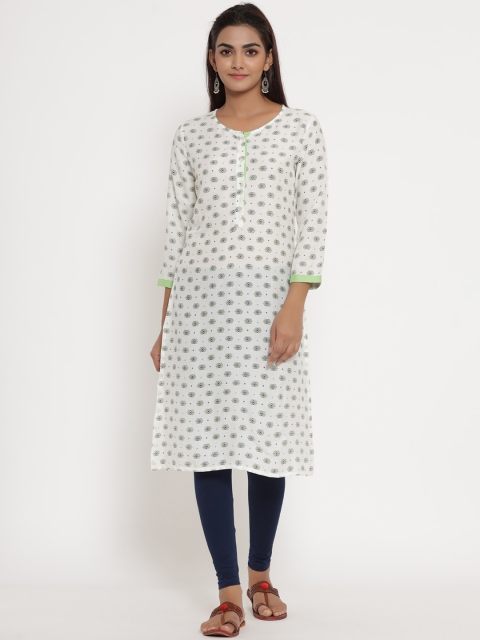 

mirari Women White Geometric Floral Handloom Kurta
