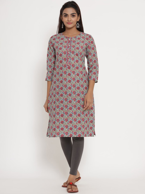 

mirari Women Peach-Coloured Floral Printed Thread Work Floral Handloom Kurta