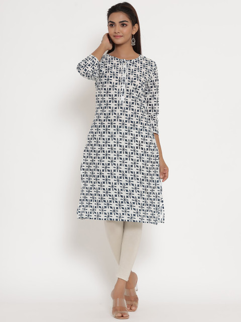 

mirari Women White Printed Flared Sleeves Floral Handloom Kurta