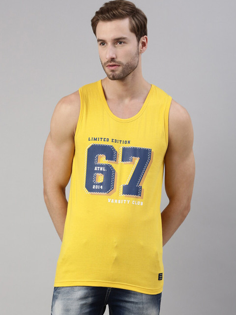 

Joven Men Yellow & Blue Printed Cotton Basic Vest
