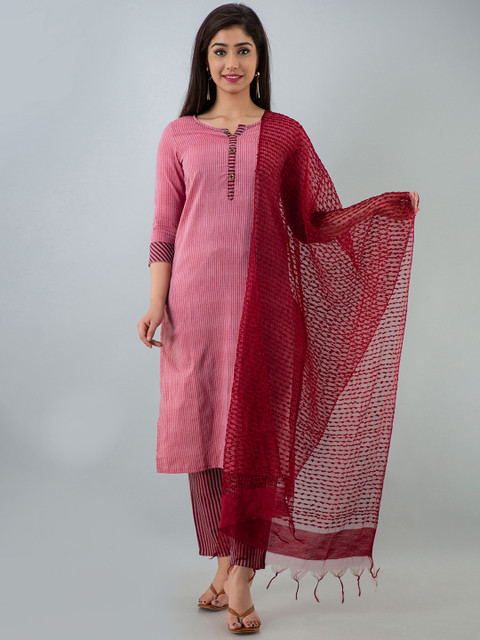 

Charu Women Pink Striped Kurta With Trousers & Dupatta