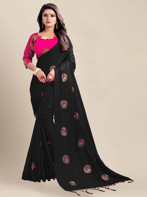 

VAIVIDHYAM Black & Pink Ethnic Motifs Zari Art Silk Tussar Saree